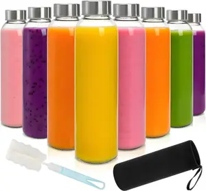 8 Pack Glass Juice Bottles with , 18 Oz  Glass Water Bottle with 1 Brush 1 Protective Sleeve, Portable Clear Glasses Containers Drinking Jars for Smoothie, Milk, Juice,