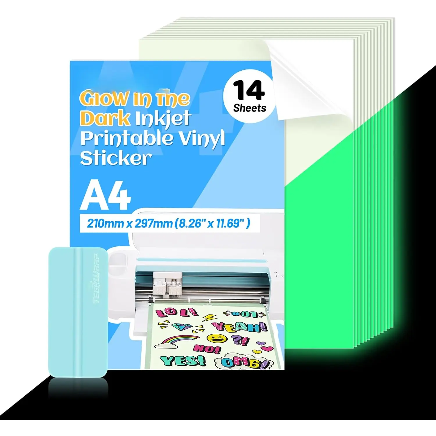 Printable Vinyl Sticker Paper for Inkjet Printer, Glow in the Dark Vinyl Inkjet Printable Sticker Paper, 8.26" x 11.69" A4 Size for Scrap-booking, Craft Cutters, Home Decor, 14 Sheets/Pack
