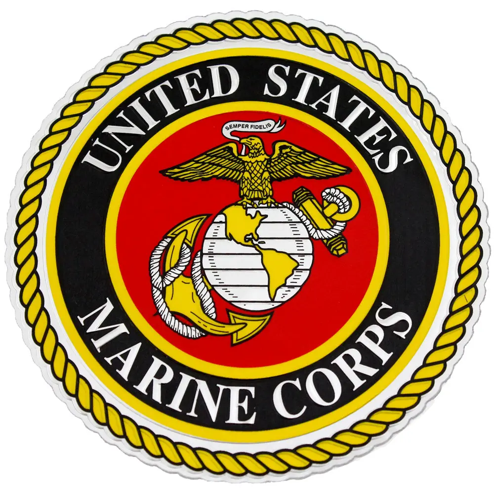 USMC Marine Emblem Embossed 4 in Foil Round Sticker - Stick-On Type Foil Decal, Car Exterior Visual Accent Accessory for Automotive & Motorcycle