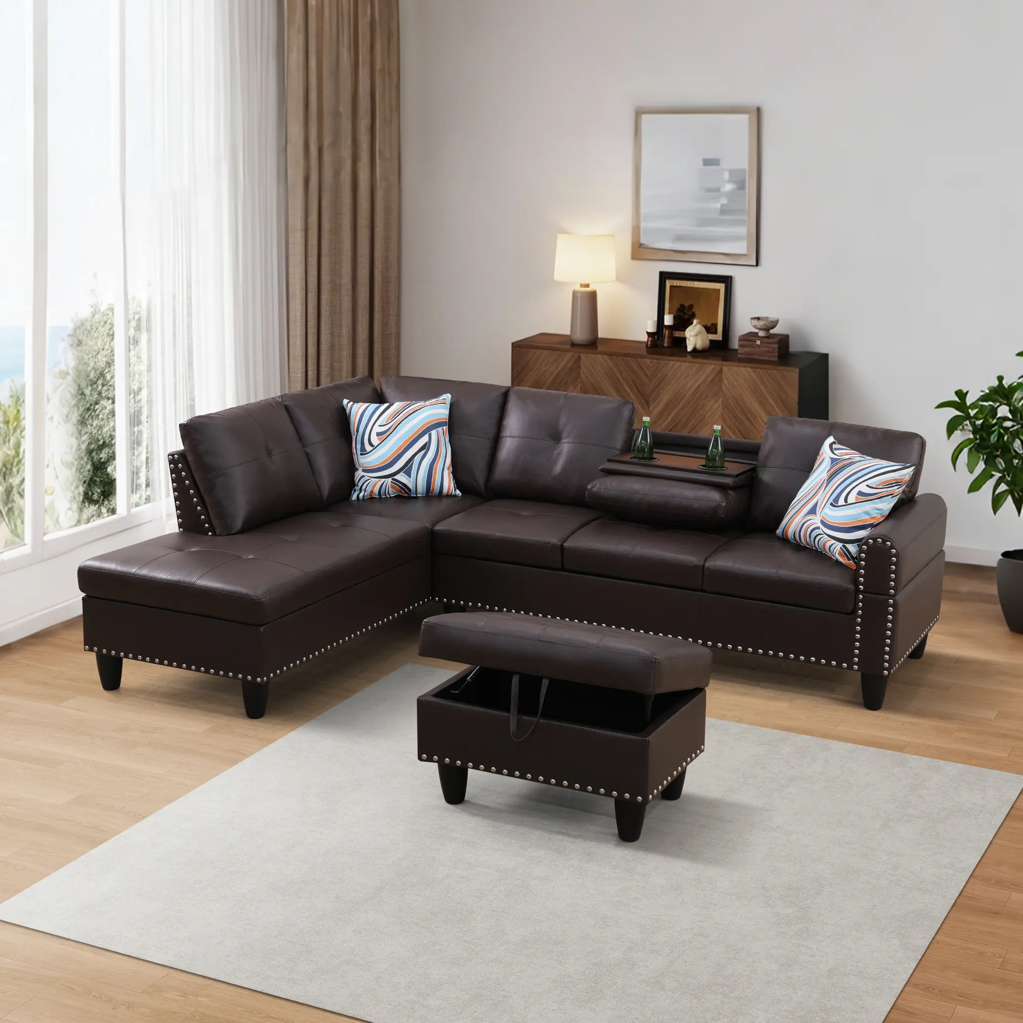 Brown-Toned Leatherette 3-Piece Sofa Set, Modern Longlasting Cushion Sofa Set for Home Apartment, Soft-Cushioned Durable Upholstered Indoor Living Room Furniture, Leatherette Sofa Sets, Longlasting Sofa Sets