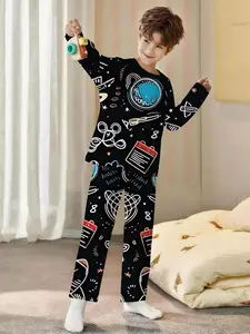 Space Laboratory Boys' 2-piece long-sleeve pajamas, Sleepwear Pajamas, with digital printing and long sleep pants in black background, featuring scientific and cute designs. Made of flame-retardant fabric, this comfortable and soft pajama set is suitable