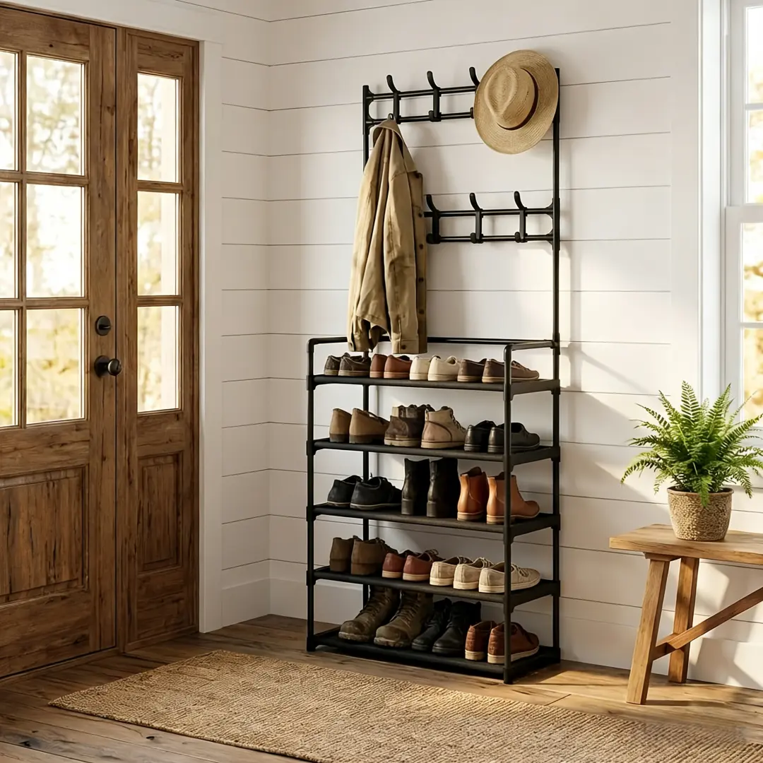 Black Metal 3-in-1 Hall Tree Entryway Organizer - 5-Tier Door Shoe Rack with 8 Built-in Hooks, All-in-1 Footwear Storage Solution for Entryway Organization Needs, Shoe Rack Organizer