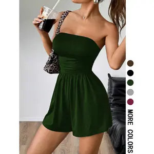 Women's Solid Color Strapless Tube Top Romper, High Waist Casual Short Jumpsuit, Summer Outfit