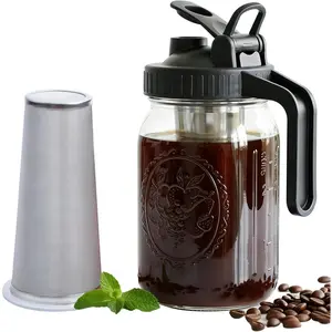 32 Oz 1 Quart Cold Brew Coffee Maker Wide Mouth Mason Jar Pitcher With Stainless Steel Filter, Airtight Leak-Proof With Pour Spout Lid & Handle For Iced Coffee Tea and Lemonade