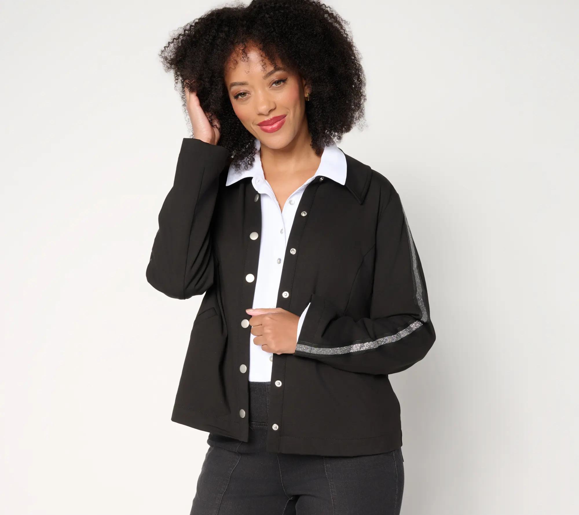 nicole by Nicole Miller Lurex Stripe Trim Snap Front Jacket