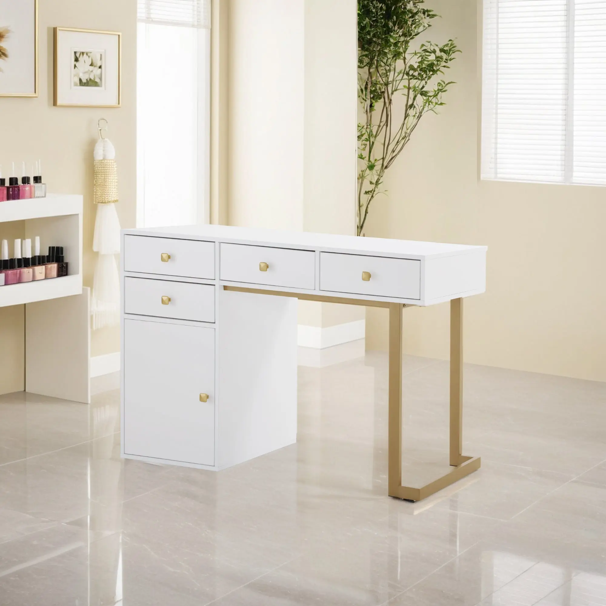 BarberPub Commercial Salon Vanity Desk, Manicure Table with Drawers, Nail Storage Desk with Open Display Area (Model 2990)