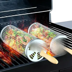 Rolling Grill Basket(2PCS), Removable Wooden Handle, 304 Stainless Steel, Grilling Accessories Tools for Vegetables Meat Food, Outdoor Camping Grilling, Birthday Gifts for Men Husband Men grill basket