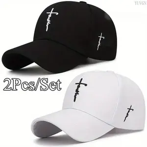 Unisex 2-Piece Black & White Baseball Cap Set - Cross Embroidery Duckbill Hat, Breathable Lightweight, Streetwear Accessory for Outdoor Sports & Daily Use