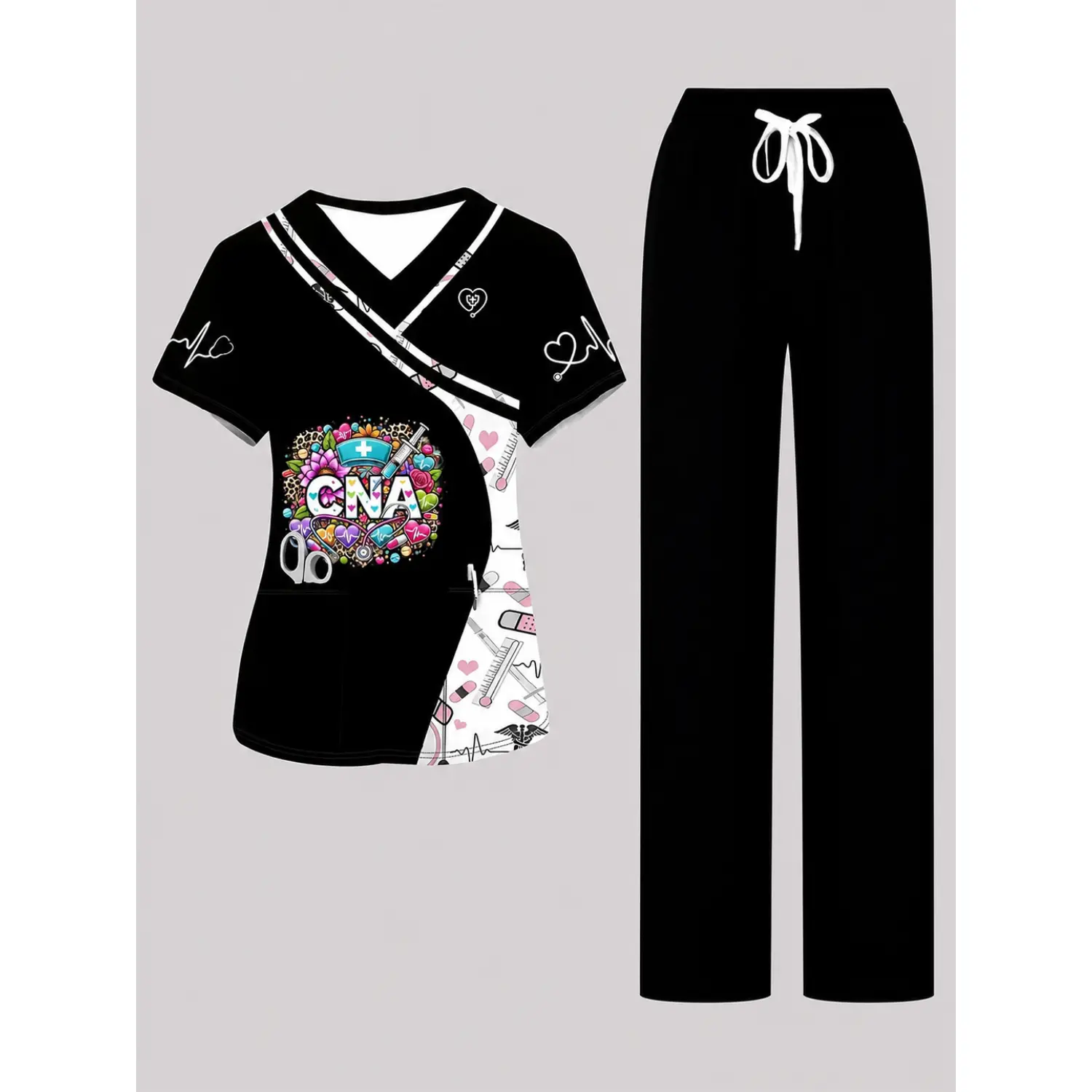 Black CNA Nurse Scrub Set with Medical-Themed Graphics, Mock Wrap Top, and Drawstring Pants for Healthcare Workers