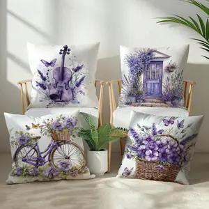 4pcs Vintage Minimalist Purple Floral & Lavender Decorative Pillow Covers, Single-Sided Printed Peach Velvet Material, 45*45cm/50*50cm/40*40cm Cushion Covers Suitable For Modern Sofa Living Room Decor, Gift, Party Decoration, Home Decorative Cushion