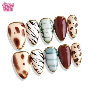 10pcs Handmade Press On Nails Acrylic - short Almond Animal Print (Leopard/Zebra/Snake) & Solid Color Nails, Handcrafted Gold Edge Decor Retro Wild Style, for Daily Wear & Party with Jelly Glue & Nail File Nail Art Design Nail Art Diy