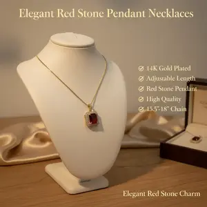 Amtiari Elegant Red Stone Necklace – High Quality 14K Gold Plated Adjustable Necklace, 15.5”–18”