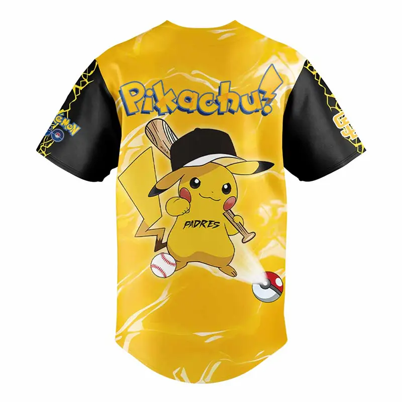 Monster Quest Jersey Trainer Edition Pocket Beasts Varsity GO Mode Baseball Jersey Tee Pikachu Design Machine Washable Breathable Durable T-Shirt