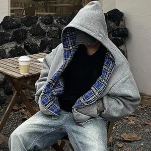 2025 New Casual Retro Zipper Hoodie Gothic Blue Striped Plaid Front and Back Two Sweatshirt 90s Hip Hop Loose Gray Sweatshirt Womenswear Tops