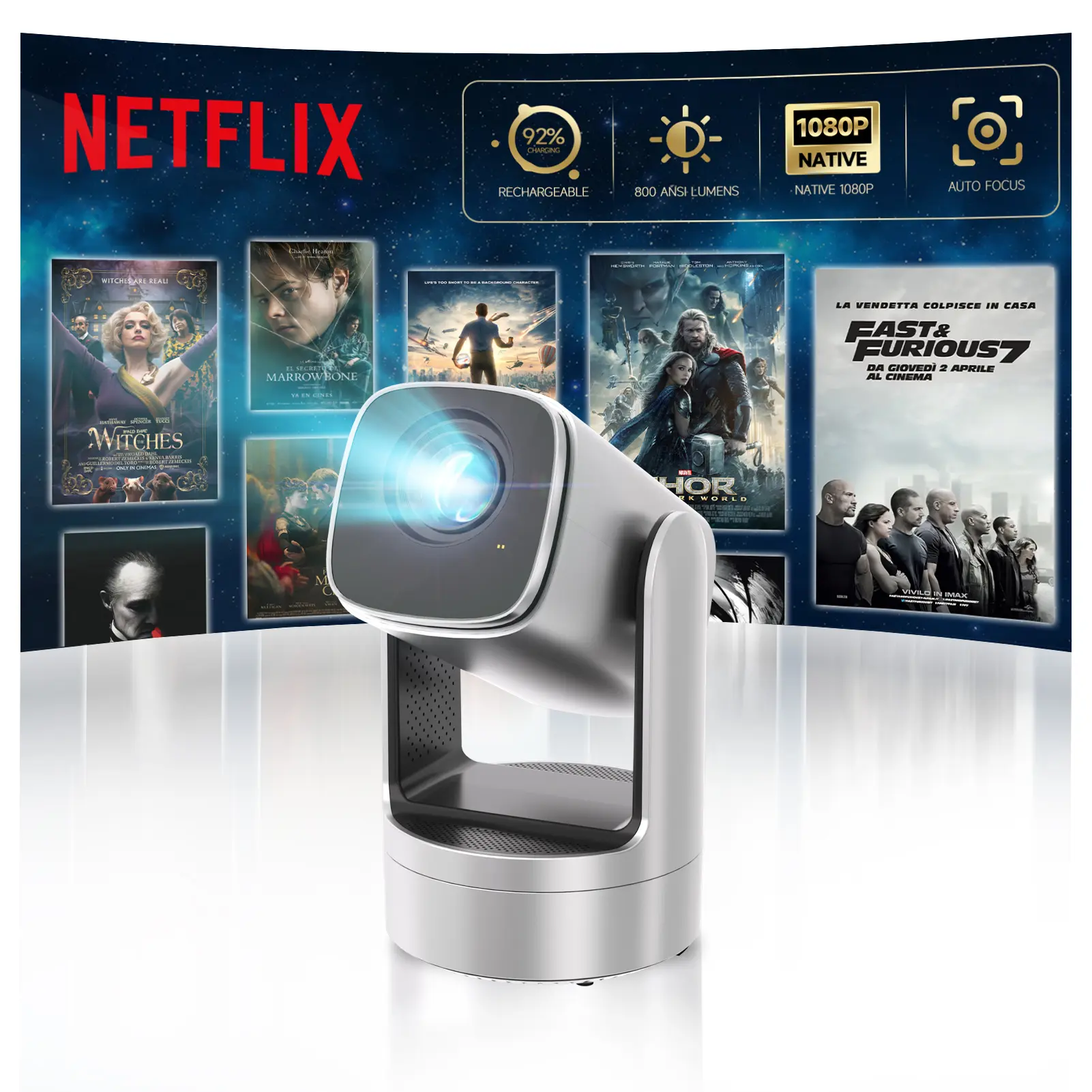 HUANLETOU Portable Rechargeable Mini Android Outdoor LCD Projector - 800 Lumens, Native 1080P, Auto Focus, Auto Trapezoidal Correction, 200-in Screen, WiFi6, BT5.2, Wireless, Rechargeable Batteries, Audio, Phone Compatibility, Remote, Device Connectivity