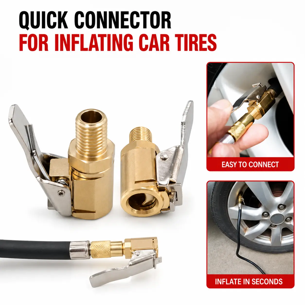 Durable Brass Locking Tire Air Chuck with Snap Clips Adapter - Car Tires Inflation Tool, Leaks Prevention, All Vehicles Auto Inflator Hose Nozzle, Party Balloon Pump Connector, Men's Gift, Tire Inflation