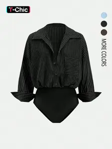 Women's Casual Everyday Commute Versatile Striped Print Drop Shoulder Loose Patchwork Pocket Bodysuit,Spring and Summer Stripes Print Bodysuit