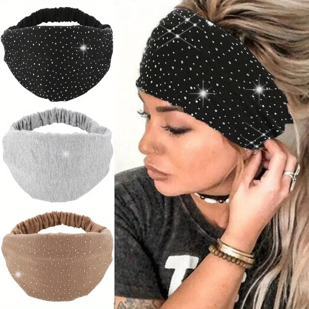 Women's 3 PCS Chic Rhinestone Elastic Wide African Head Wraps - Black Turban Sport Hair Bands for Christmas Gift Decoration, Chic Headbands