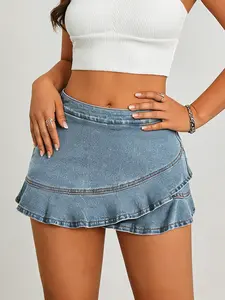 26AW light blue spicy girl Fitted denim skirt pants with high waist and ruffle edges, simple and versatile fashion items, washed and elastic denim skirt pants