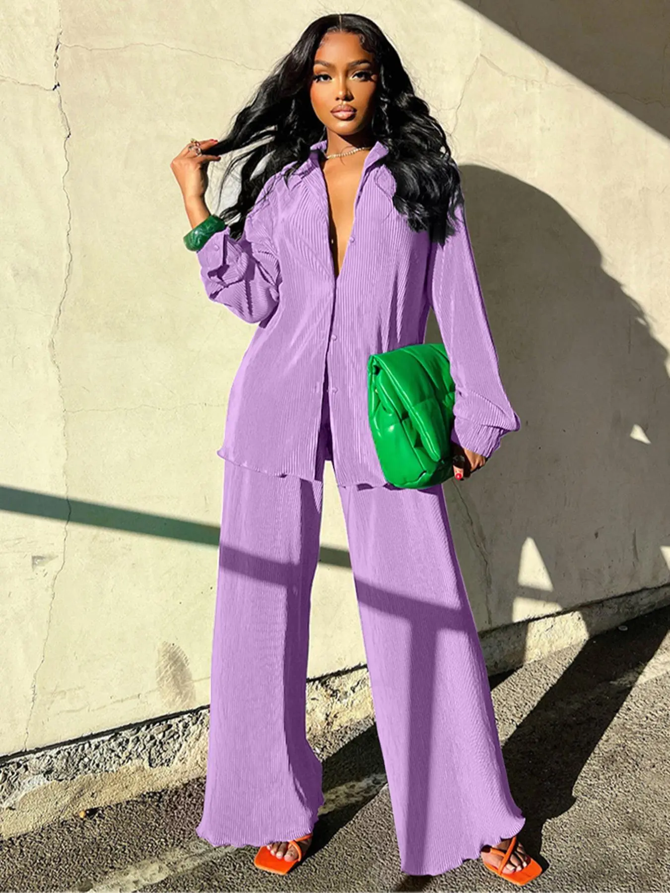 Women's Solid Button Front Shirt & Elastic Waist Pants Two-piece Set, Fashion Pants Set, Casual Lettuce Trim Long Sleeve Collared Top & Wide Leg Trousers for Spring & Fall, Women's Outfits for Daily Wear, Lady, Womenswear, Clothes, Clothing Sets