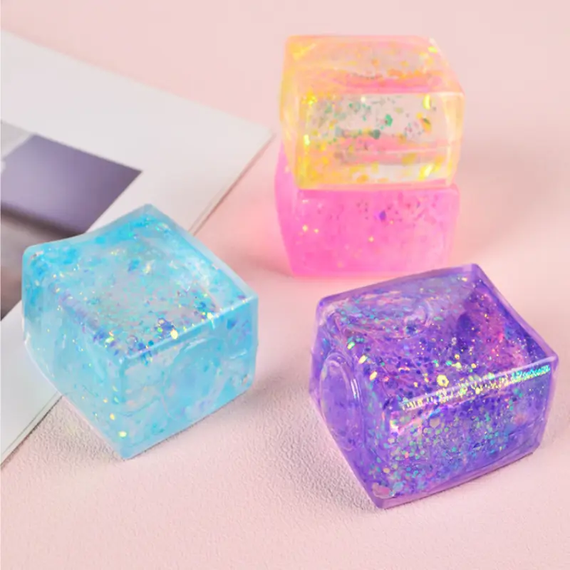 Glitter Ice Cube Squishy Squeeze Toys 4 Pack, Clear Sparkly Stress Relief Fidget Balls, Colorful Squeezable Sensory Toys, Kids Party Favors Birthday Gift Random Color