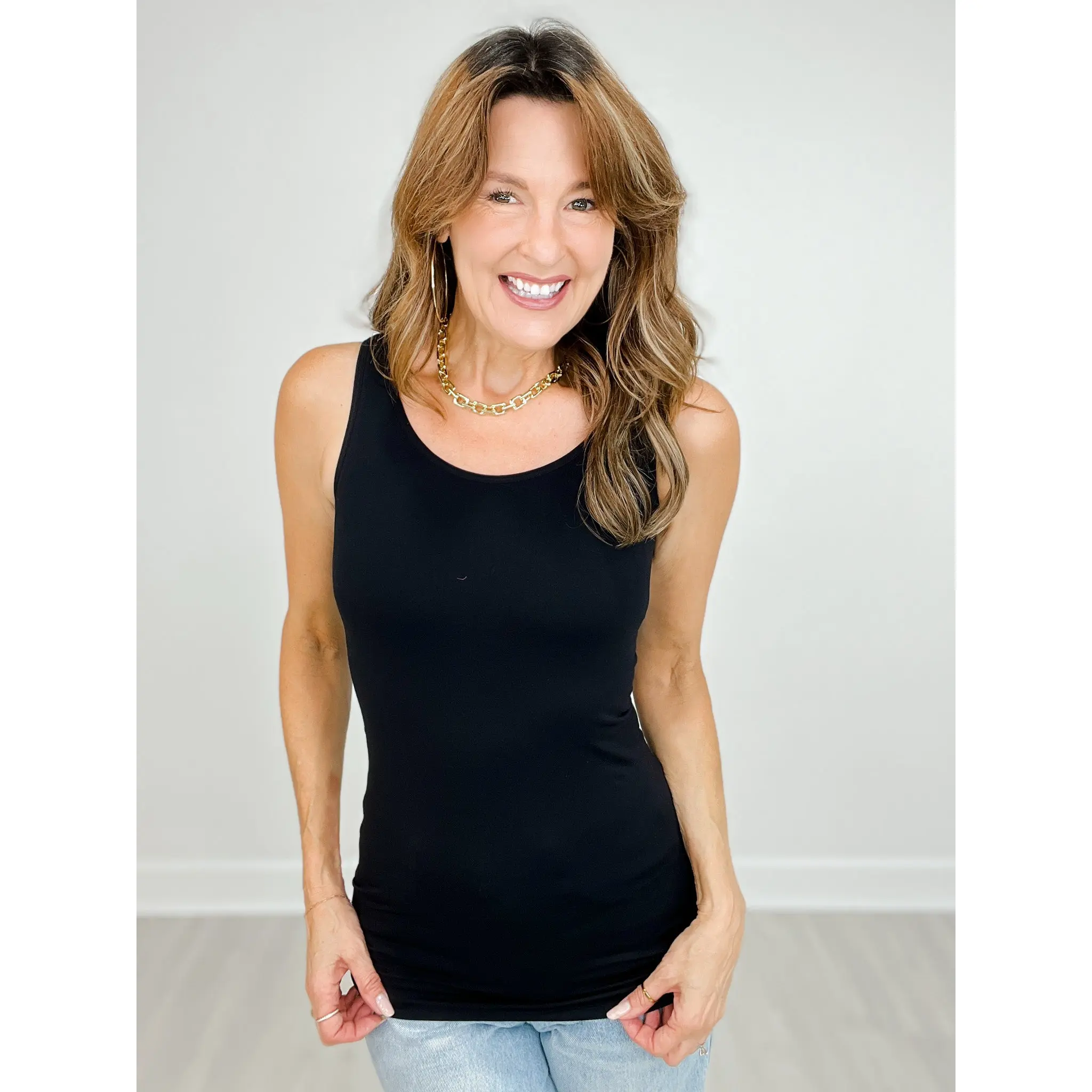 Reversible V or U Neckline Seamless LONG Tank Compression in Black