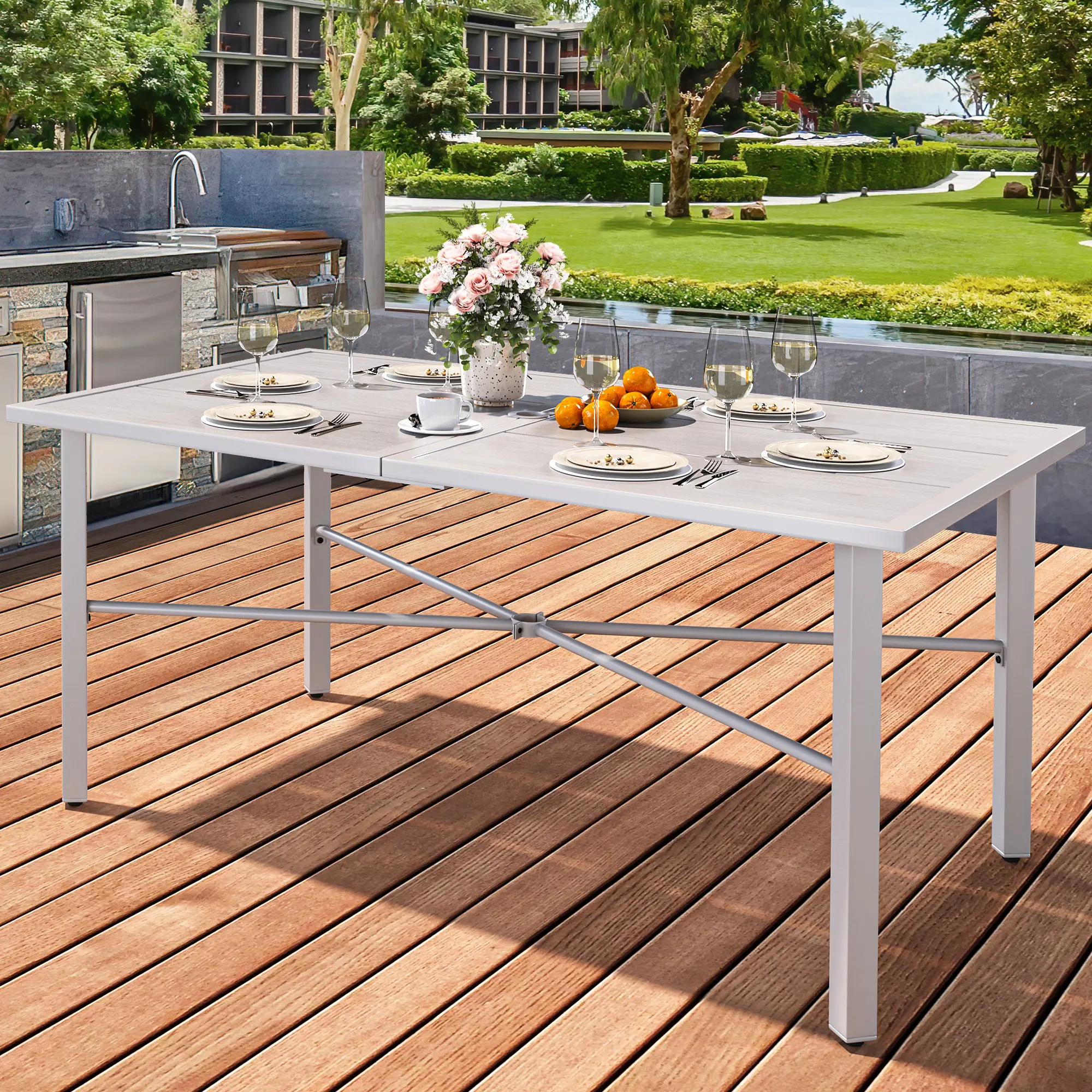 Yitahome 59" Rectangular Outdoor Patio Dining Table for 6-Person, Outdoor Patio Dining Table with 2" Umbrella Hole and Sturdy Iron Frame Perfect for Lawn Backyard Garden