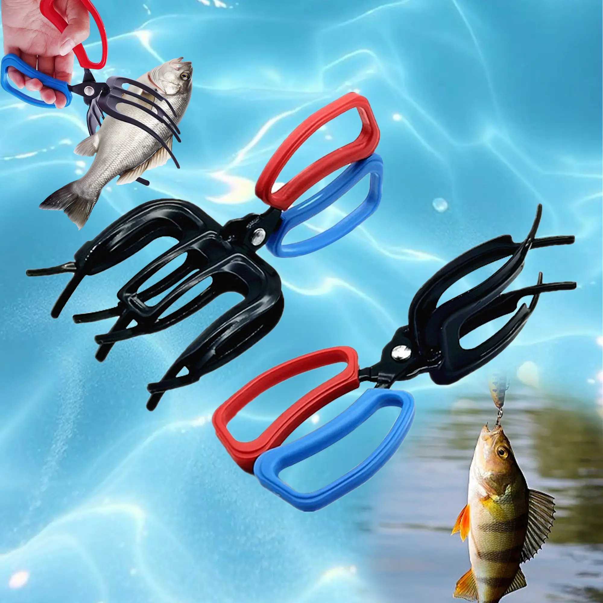 Fish Gripper 2-Pack, 3-Claw Metal Lip Grabber Tool with Ergonomic Anti-Slip Grip for Freshwater and Saltwater Fishing, Gift for Men Anglers, Boyfriend, Dad, For Fishing, 3-Claw Clamp, Compact, Freshwater/Saltwater