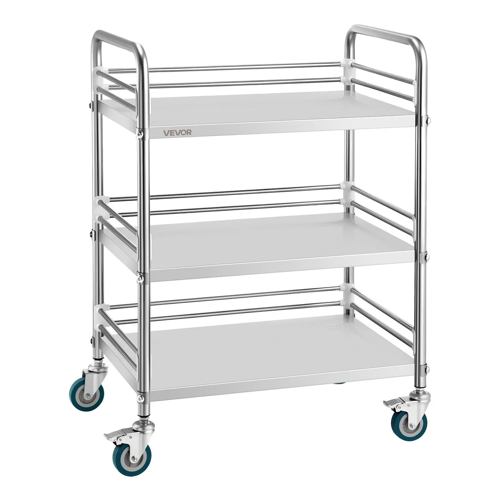 VEVOR Freestanding 3-Layer Stainless Steel Multifunctional Rolling Organiser Rack, Heavy Duty Mobile Cart with Locking Swivel Wheels, Adjustable Height Tray (100 kg Capacity) for Salons, Offices