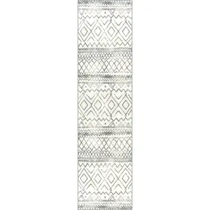Maples Rugs Diamond Distressed Moroccan Runner Rug - Made in USA – Washable, Non Slip Indoor Long Carpet for Hallway, Kitchen, and Laundry Room, 2'6 X 10', Ivory/Gray