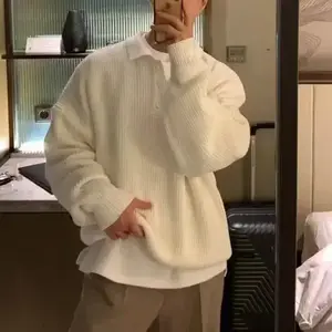 Japanese style pine soy polo collar sweater Men's American retro solid color high-end oversized inner layer sweater