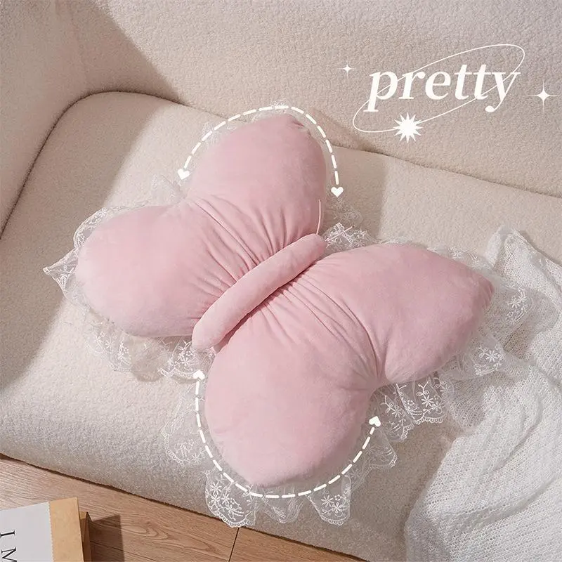Decorative Butterfly-Shaped Lumbar Pillow with Floral Buds, Versatile Back Support Cushion for Living Room, Bedroom, and Office Chair, Lumbar Support, Bedroom/Office, Butterfly Detail, Fabric Cover