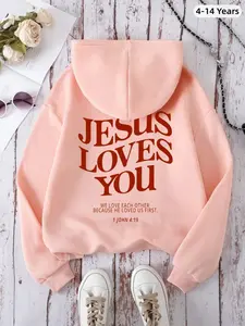 Girl's Graphic Print Hoodie With Slogan Print JESUS LOVES YOU WE LOVE EACH OTHER BECAUSE HE LOVED US FIRST 1 JOHN 4: 19,Long Sleeve Tops Graduation,Back To School Outfits,Graduation,Back To School Pullover Fall Outfit