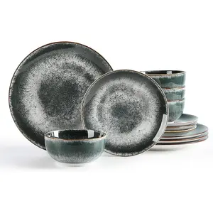 Sweejar Dinnerware Sets Service for 4, 12 pcs Porcelain Plates and Bowls for Kitchen, Housewaring Gift, Chip and Scratch Resistant Dish Set, Handmade Dishwasher and Microwave Safe Plate Set, DarkGray