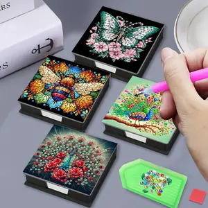 1 DIY colorful peacock/bee/butterfly/patterned diamond art painted note paper storage box, crystal rhinestone note holder organizer's home office desk accessory Stationary Organizer Holder