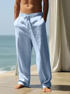 Men's Breathable Linen Pants, Casual Fashion Solid Color Long Trousers, Perfect for Beach Vacation & Daily Wear