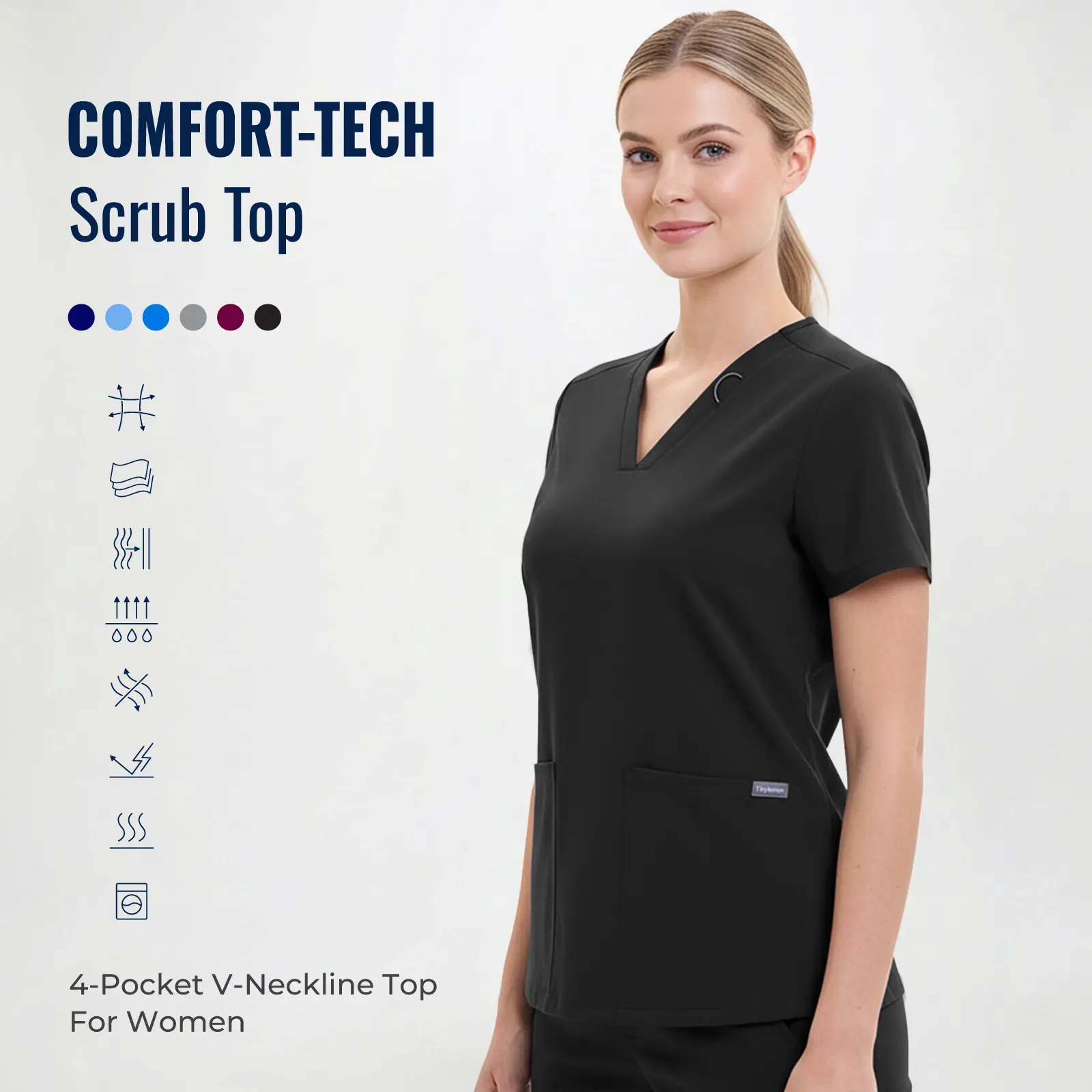 Tinylemon Women's Fitted V-Neck Scrub Top - Minimalist Hospital Workwear Uniform, 4 Pockets, Antimicrobial, Ultra-Soft, Fade-Resistant, Moisture-Wicking, Machine Washable Rayon Fabric