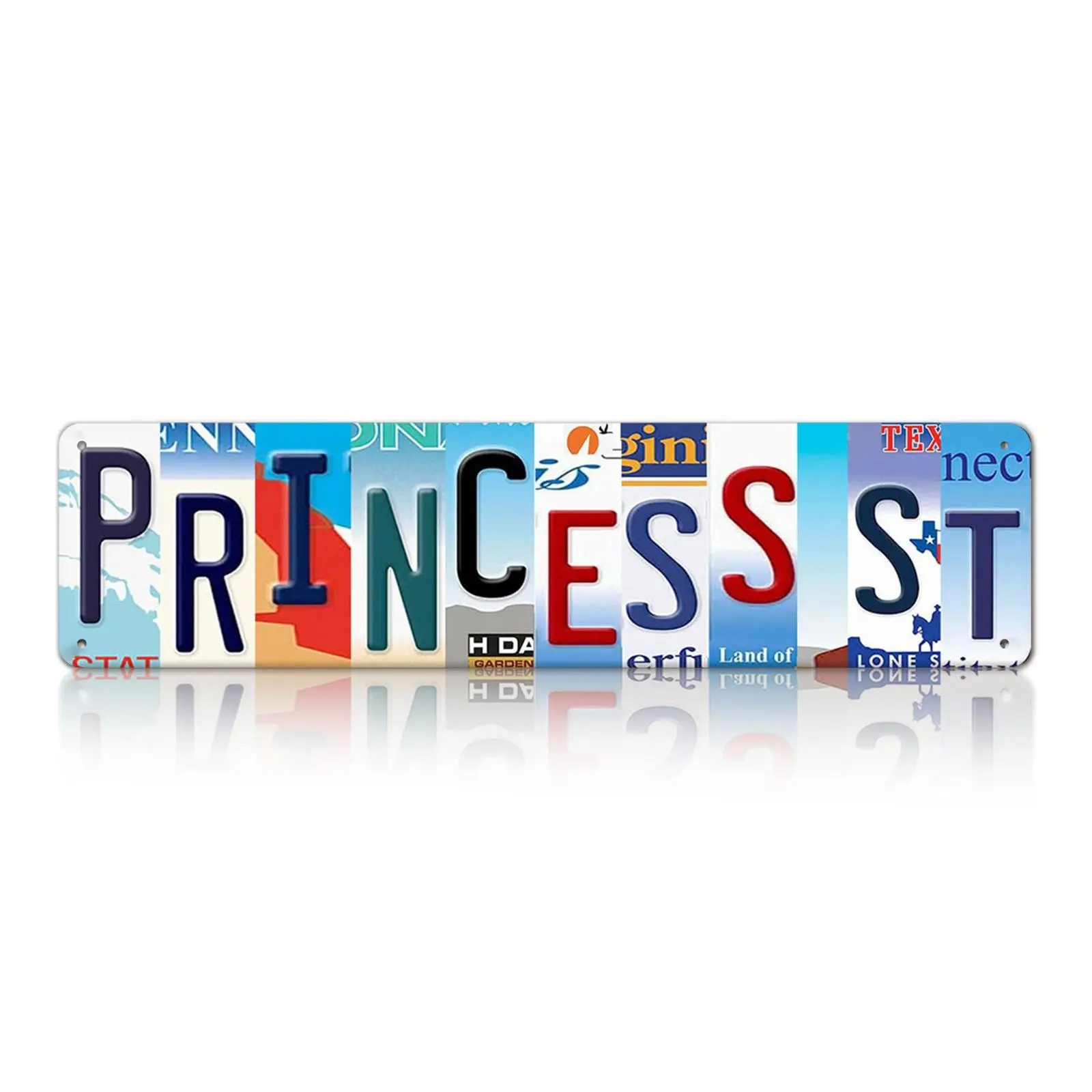 Classic Retro Aluminium Alloy Rectangular Home Plaque - 4×16in Durable Cute Decorative "Princess St" 2D Flat Sign, Faded Letters Colorful Lightweight Wall Display, Bedroom Room Accessories for Vanity Area