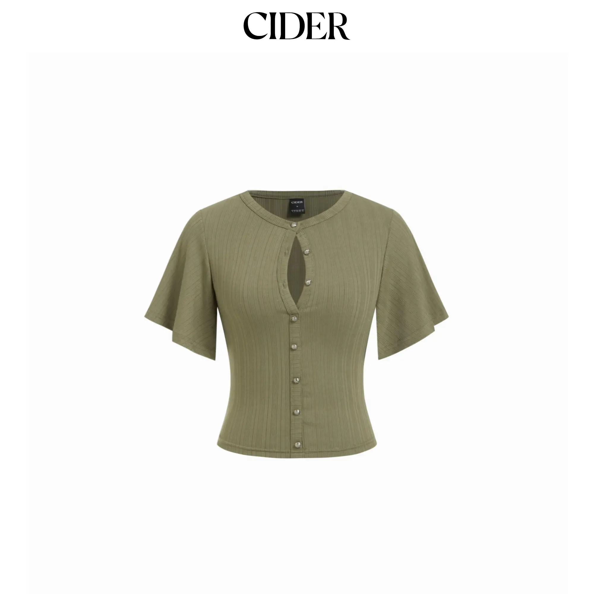 Cider Women's Casual Textured Blouse - Ruffle Sleeves, Cut-Out Detail, Metal Buttons, Shirts, Lady, Button Detail