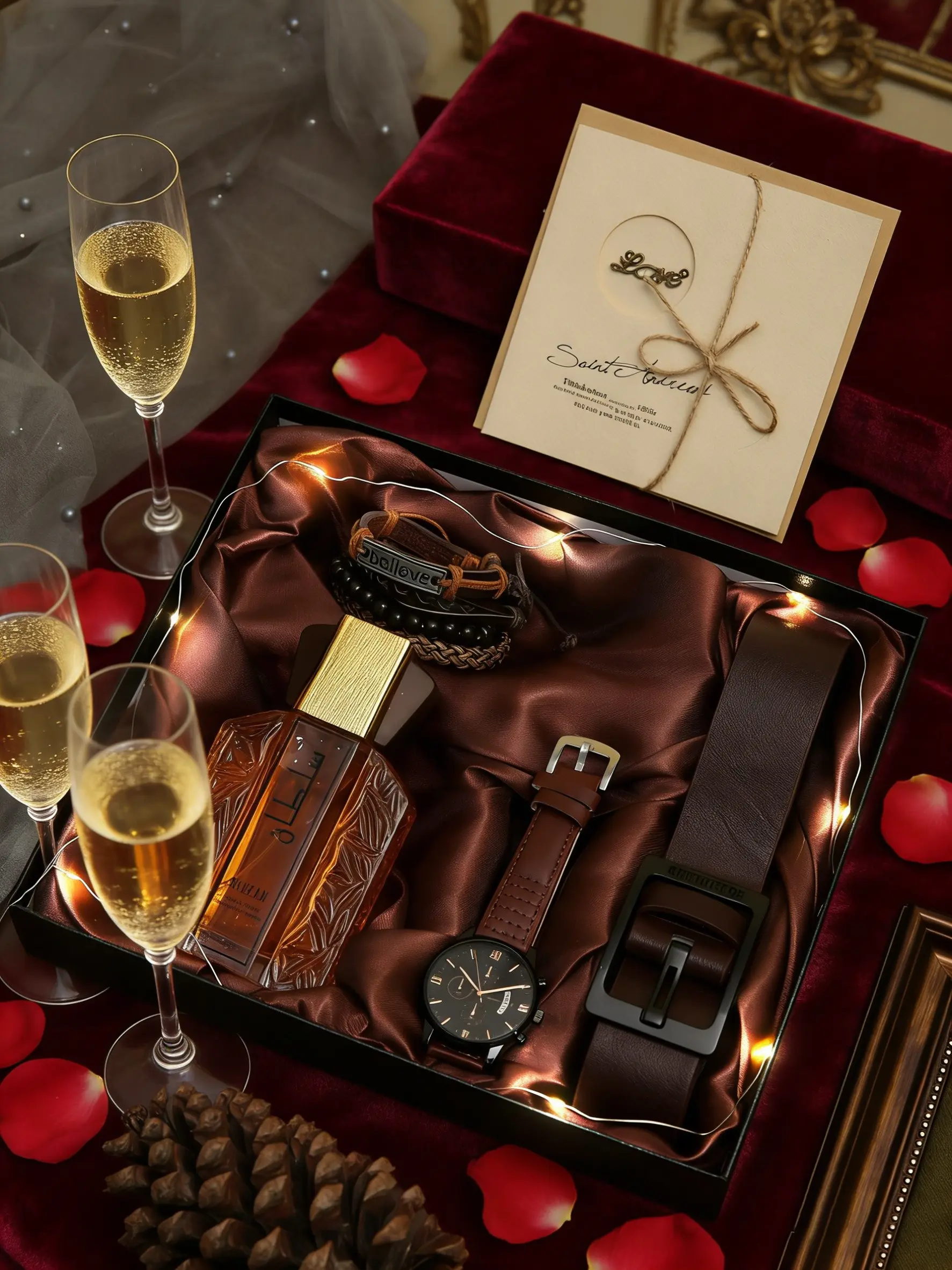 Valentine's Day Gift Set for Him, Elegant Men's Watch with Fancy Bracelet, Attractive Perfume, Quality Leather Belt, Romantic Love Music