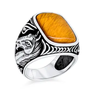 Black Onyx or Brown Tiger Eye Gemstone Stone Equestrian Stallion Horse Signet Ring .925 Sterling Silver