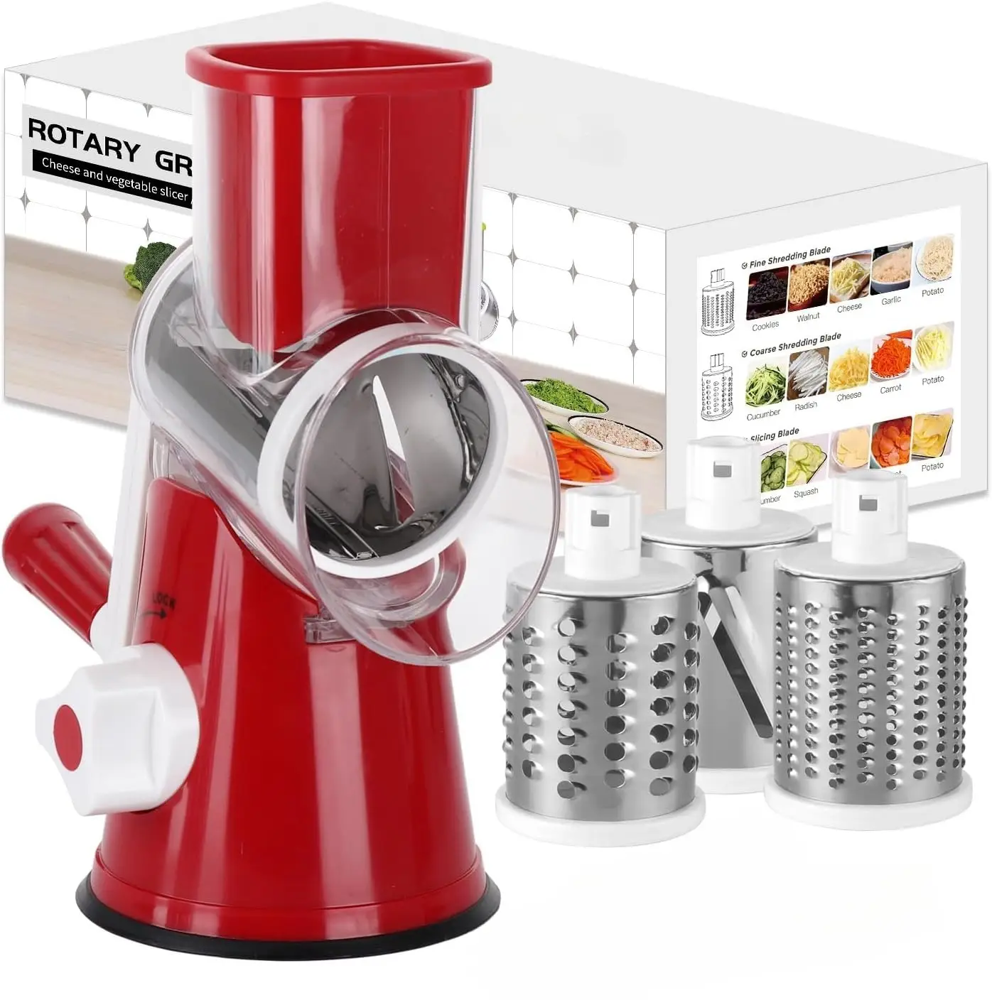 MIUVA manual rotary cheese grinder - circular mandolin slicer with strong suction base, vegetable slicer, nut grinder, cheese chopper