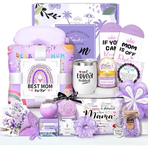 Mother's Day Baskets Gifts for Mom - 16 Pcs Luxury Self-Care Gift Basket for Mothers Day Mama (Purple) mini