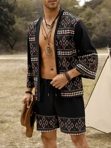 Men's Summer Set, Short Sleeve Shirt & Shorts Combo, Ethnic Geometric Pattern, Plaid Button Front Jacket, Casual Fit, Daily Wear