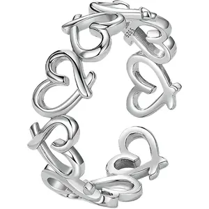 S925 Sterling Silver Open Adjustable Stacking Rings for Women, Minimalist Wrap Band Set, Geometric/Heart/Wave/Leaf/Spiral Styles, Hypoallergenic, Gift Box Included, Thumb Ring Option