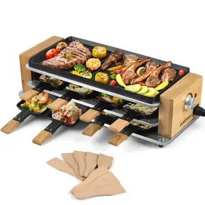 CUSIMAX 2-in-1 Electric Raclette Table Grill and Griddle - Non-Stick, Indoor/Outdoor Cooking, 8 Raclette Pans, Wooden Spatulas, Wooden Base for Indoor BBQ, Family Gatherings summervibes