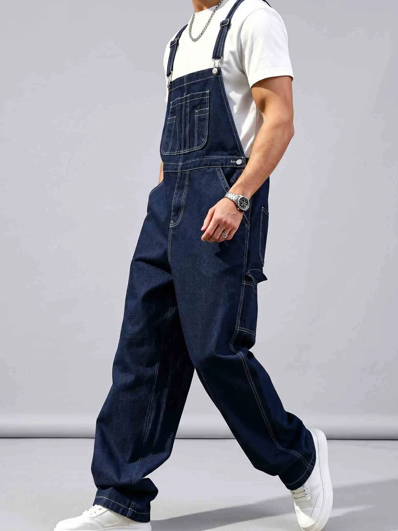 Men's Denim Overalls, Casual Solid Color Workwear Jumpsuit with a Loose Fit, Wide Legs, and Multi-Pocket Bib, Menswear, Solid Color Jumpsuit, Straps