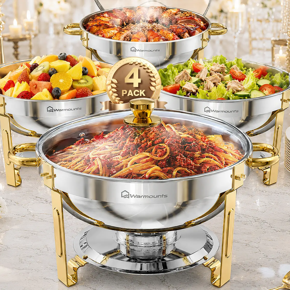 【SummerFinds】WARMOUNTS 5QT Chafing Dish Buffet Set, Glass Lid /Stainless steel lid 2/4/6 Pack Gold Accent Stainless Steel Chafers and Buffet Warmers Sets with Lid & Lid Holder for Parties Catering Events Weddings Banquets
