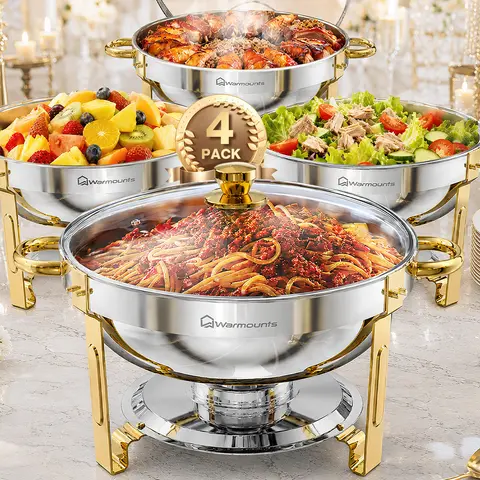 [familyfun] WARMOUNTS 5QT Food-Grade Steel Chafing Dish Buffet Set (2/4/6 Packs) - Gold Accent, Glass View Lid, Stainless Steel Lid Holder, Built-In Food Warmer, Thermal Casserole Dish, Safe Use, Stackable Bakeware for Serving Banquets