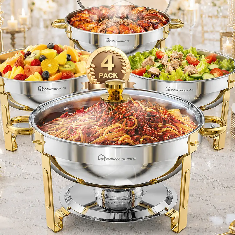 [familyfun] WARMOUNTS 5QT Food-Grade Steel Chafing Dish Buffet Set (2/4/6 Packs) - Gold Accent, Glass View Lid, Stainless Steel Lid Holder, Built-In Food Warmer, Thermal Casserole Dish, Safe Use, Stackable Bakeware for Serving Banquets